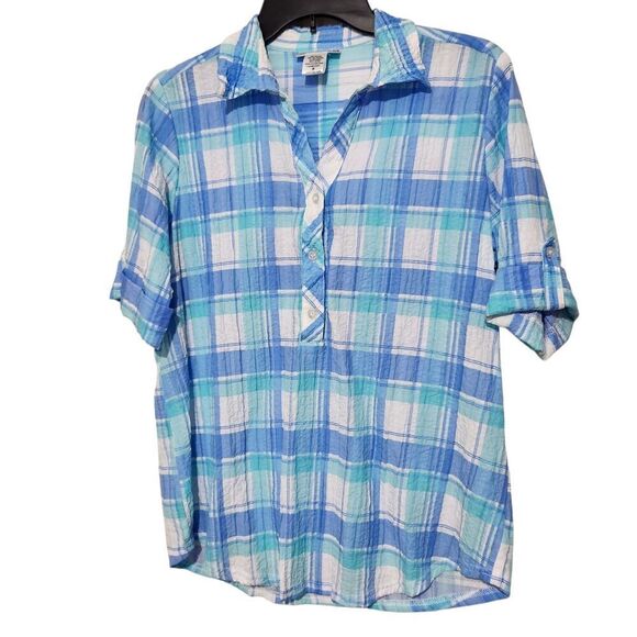Rebecca Malone Tops - Rebeca Malone Top Size Medium Blue Plaid Front Buttons Short Sleeve